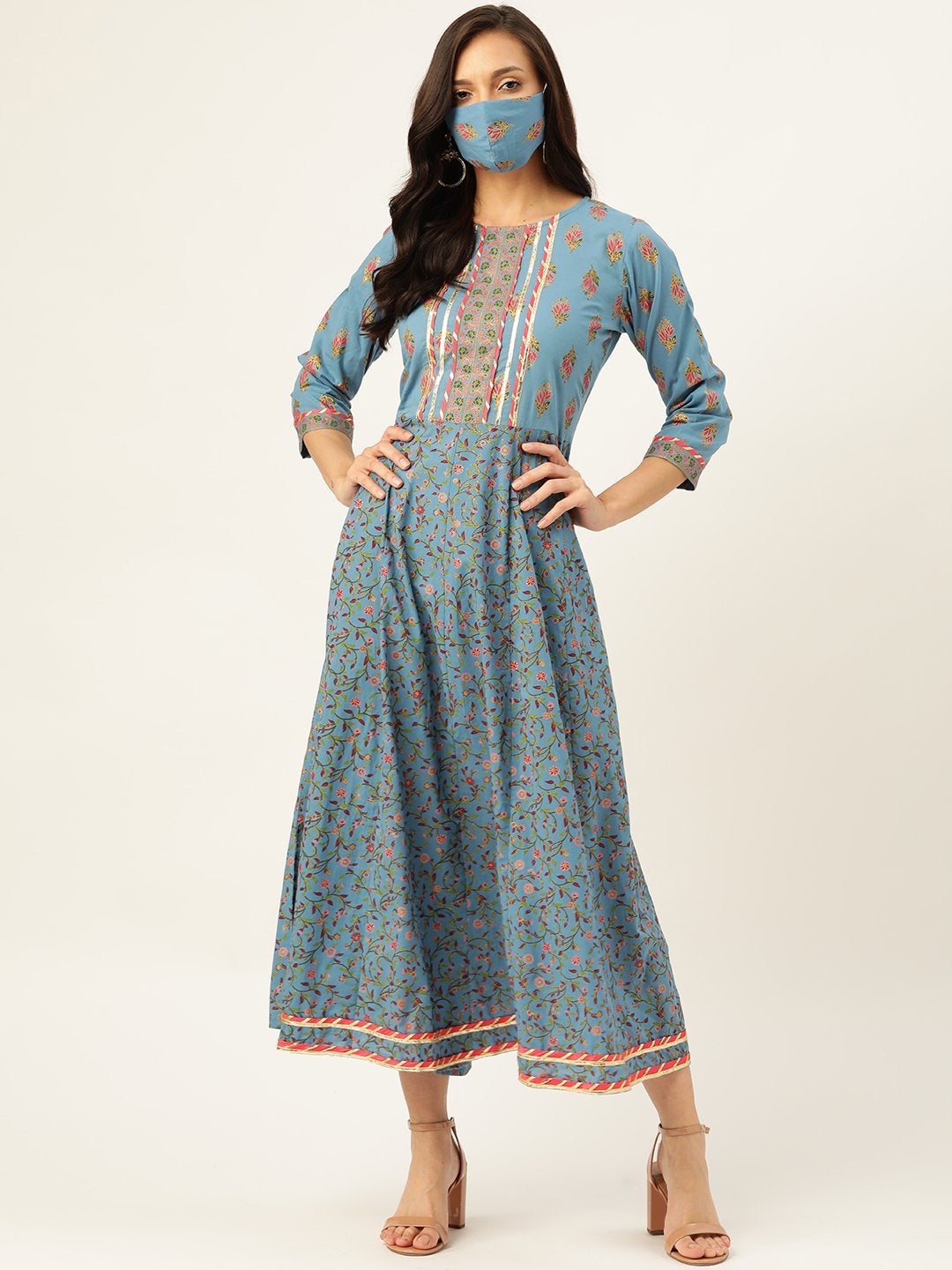 Women's Blue Cotton Gotta Detailing Anarkali