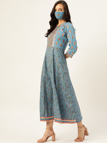 Women's Blue Cotton Gotta Detailing Anarkali
