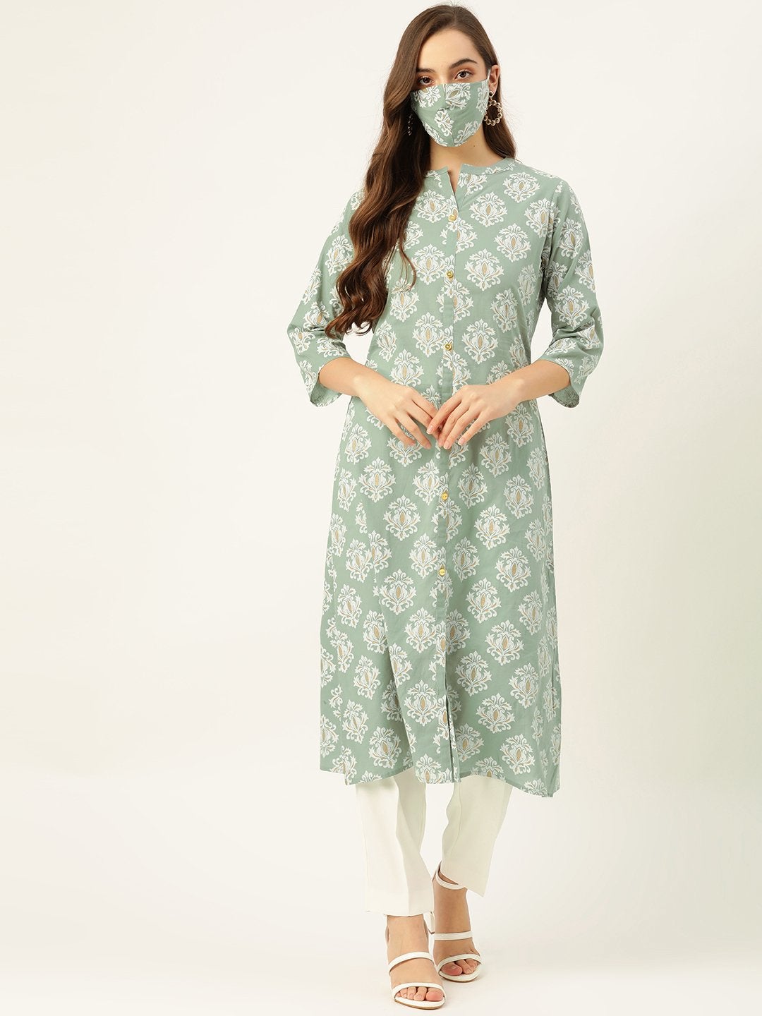 Women's Green Gold & Print Staright Kurta