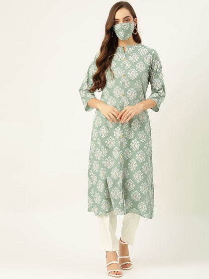 Women's Green Gold & Print Staright Kurta