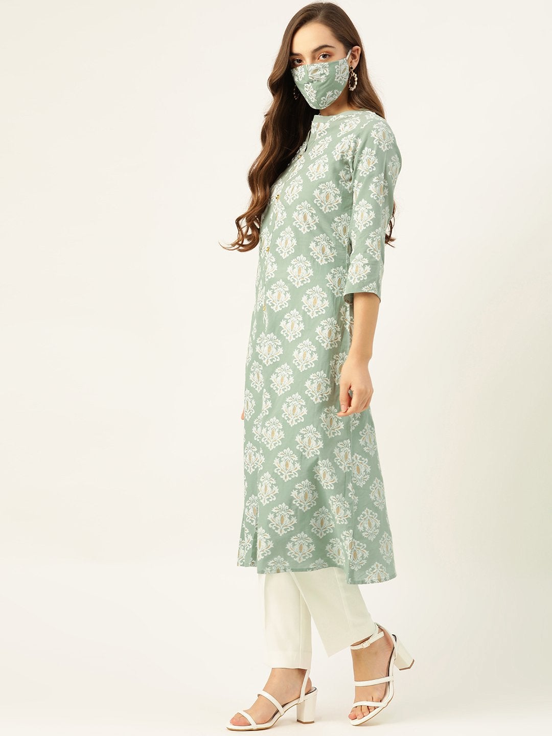 Women's Green Gold & Print Staright Kurta