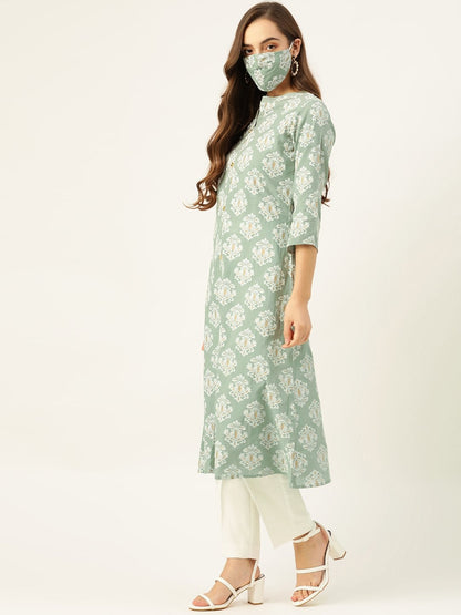 Women's Green Gold & Print Staright Kurta