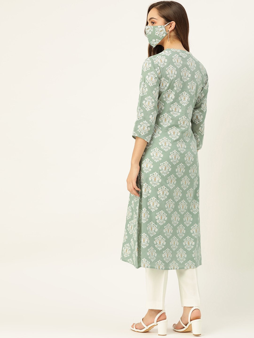 Women's Green Gold & Print Staright Kurta