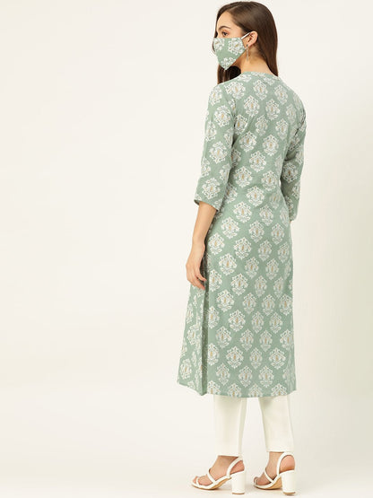 Women's Green Gold & Print Staright Kurta