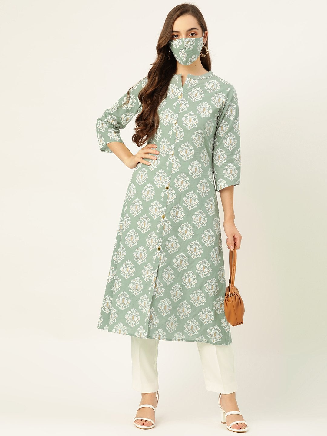 Women's Green Gold & Print Staright Kurta