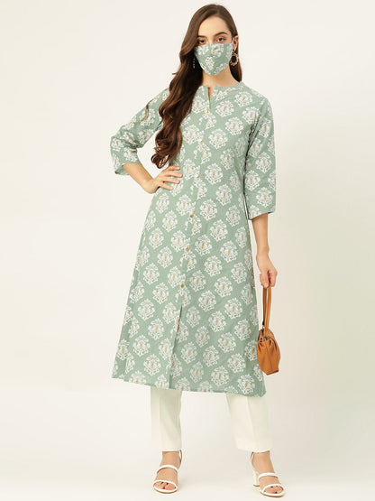 Women's Green Gold & Print Staright Kurta