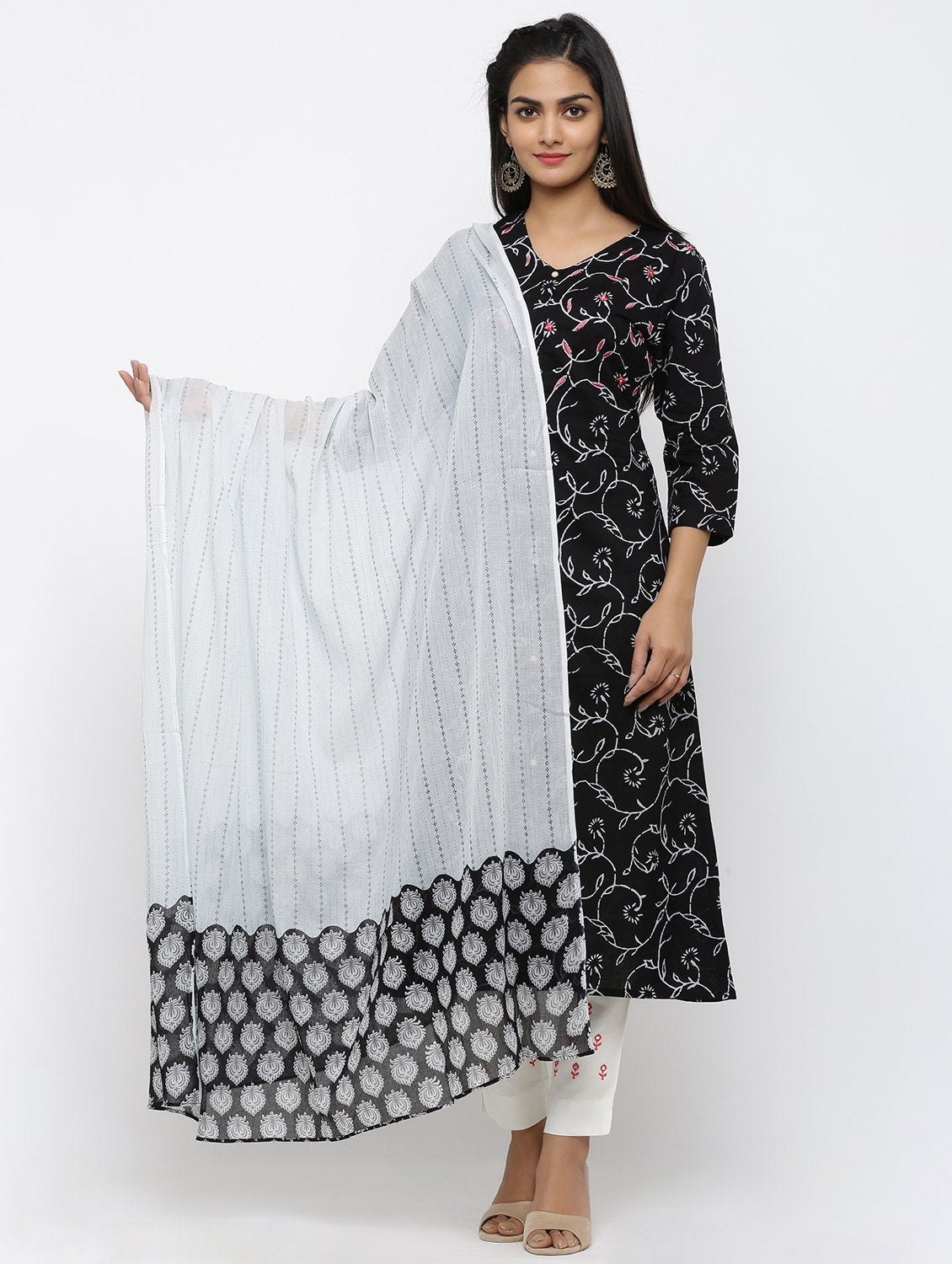 Women's Cotton & Mulmul Printed & Embroidery A-line Kurta Pant & Dupatta Set