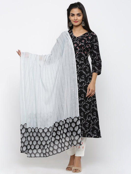 Women's Cotton & Mulmul Printed & Embroidery A-line Kurta Pant & Dupatta Set