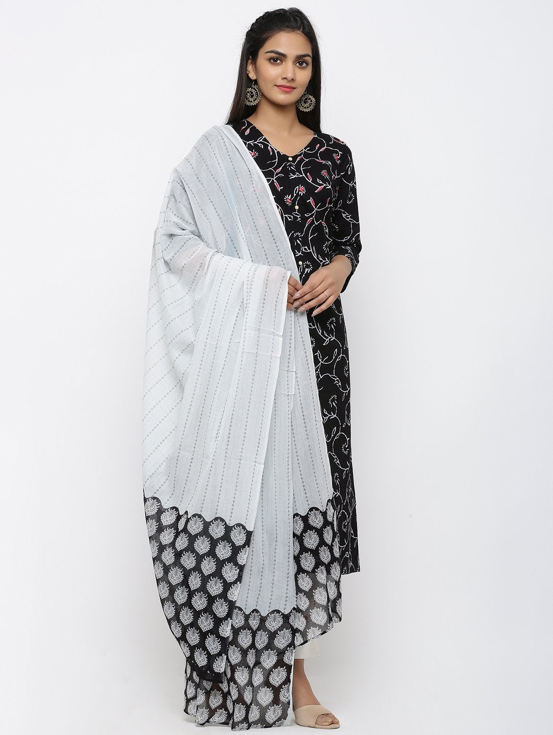 Women's Cotton & Mulmul Printed & Embroidery A-line Kurta Pant & Dupatta Set
