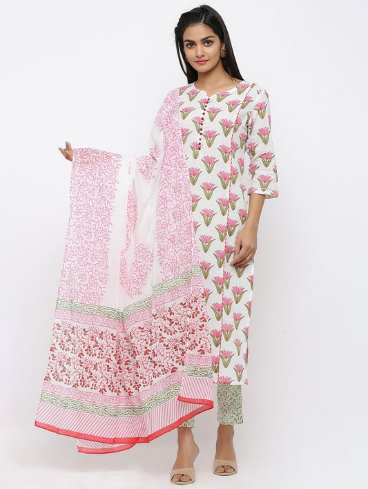 Women's Cotton Printed Straight Kurta Pant & Dupatta Set