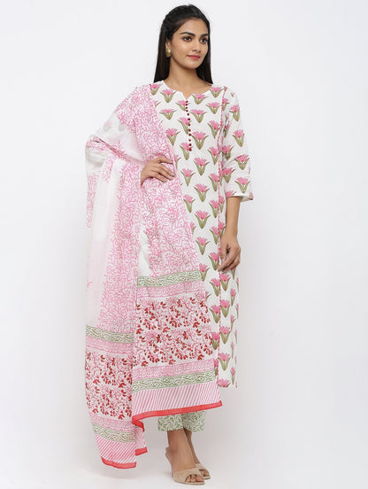 Women's Cotton Printed Straight Kurta Pant & Dupatta Set