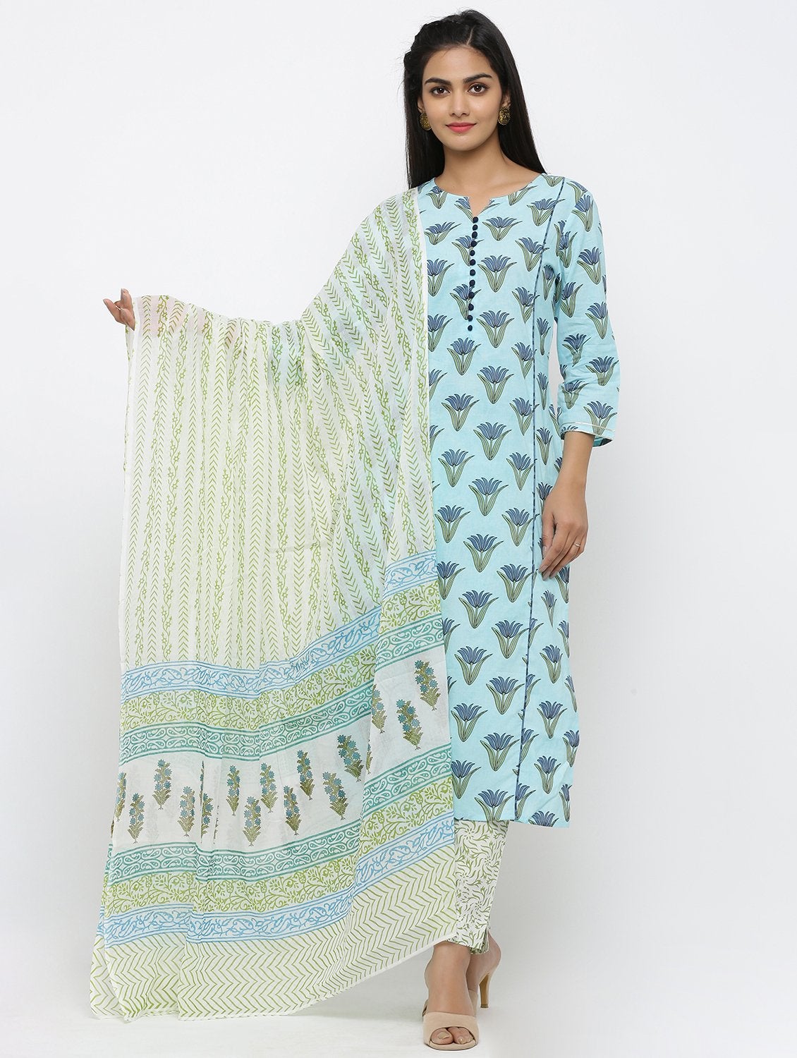Women's Cotton Printed Straight Kurta Pant & Dupatta Set