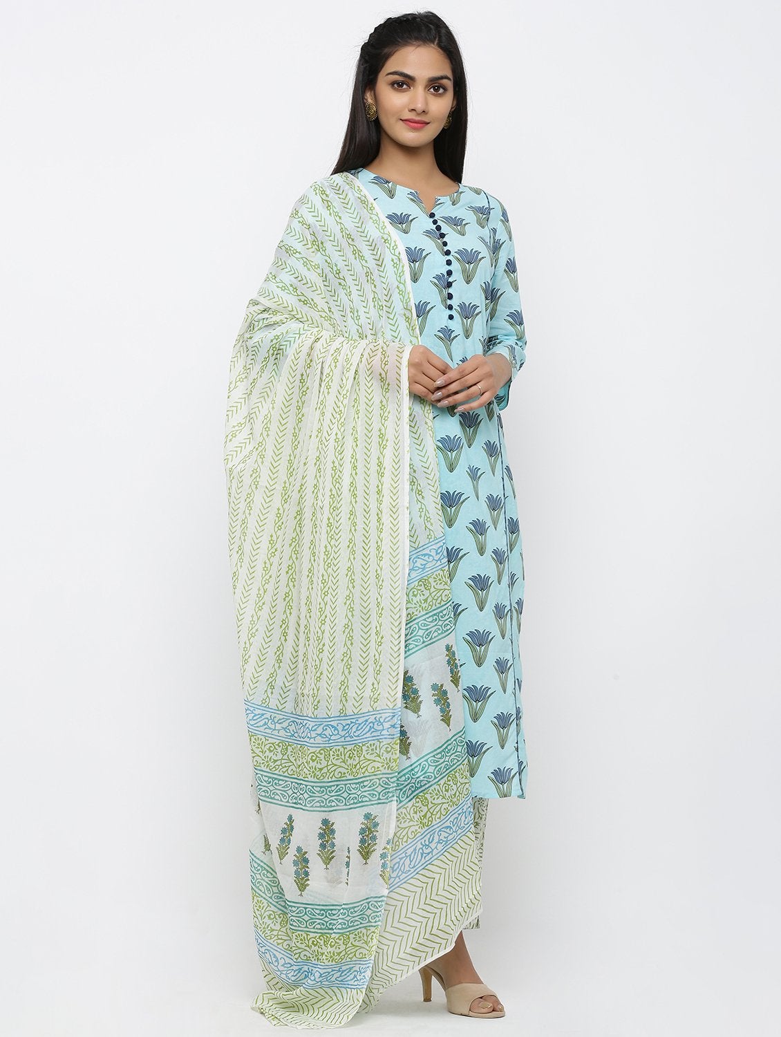 Women's Cotton Printed Straight Kurta Pant & Dupatta Set