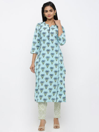 Women's Cotton Printed Straight Kurta Pant & Dupatta Set