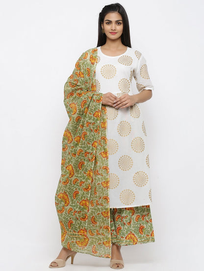Women's Cotton Printed Anarkali Kurta Palazzo & Dupatta Set