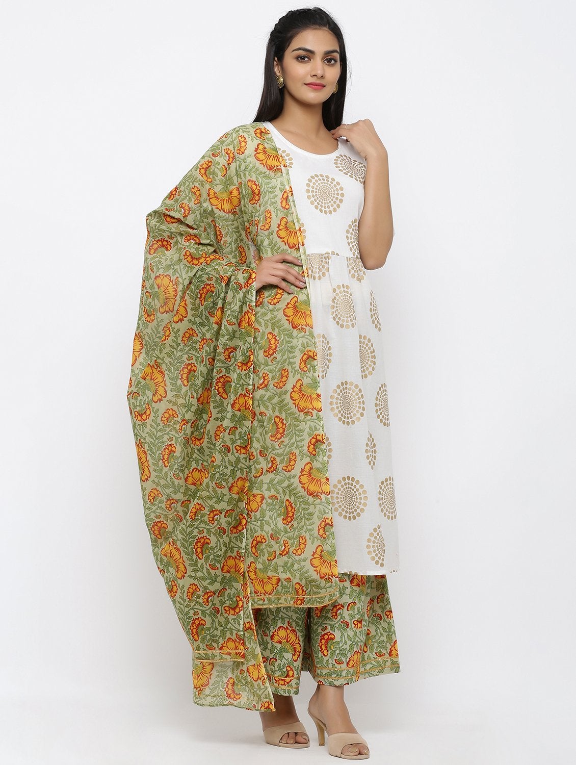 Women's Cotton Printed Anarkali Kurta Palazzo & Dupatta Set