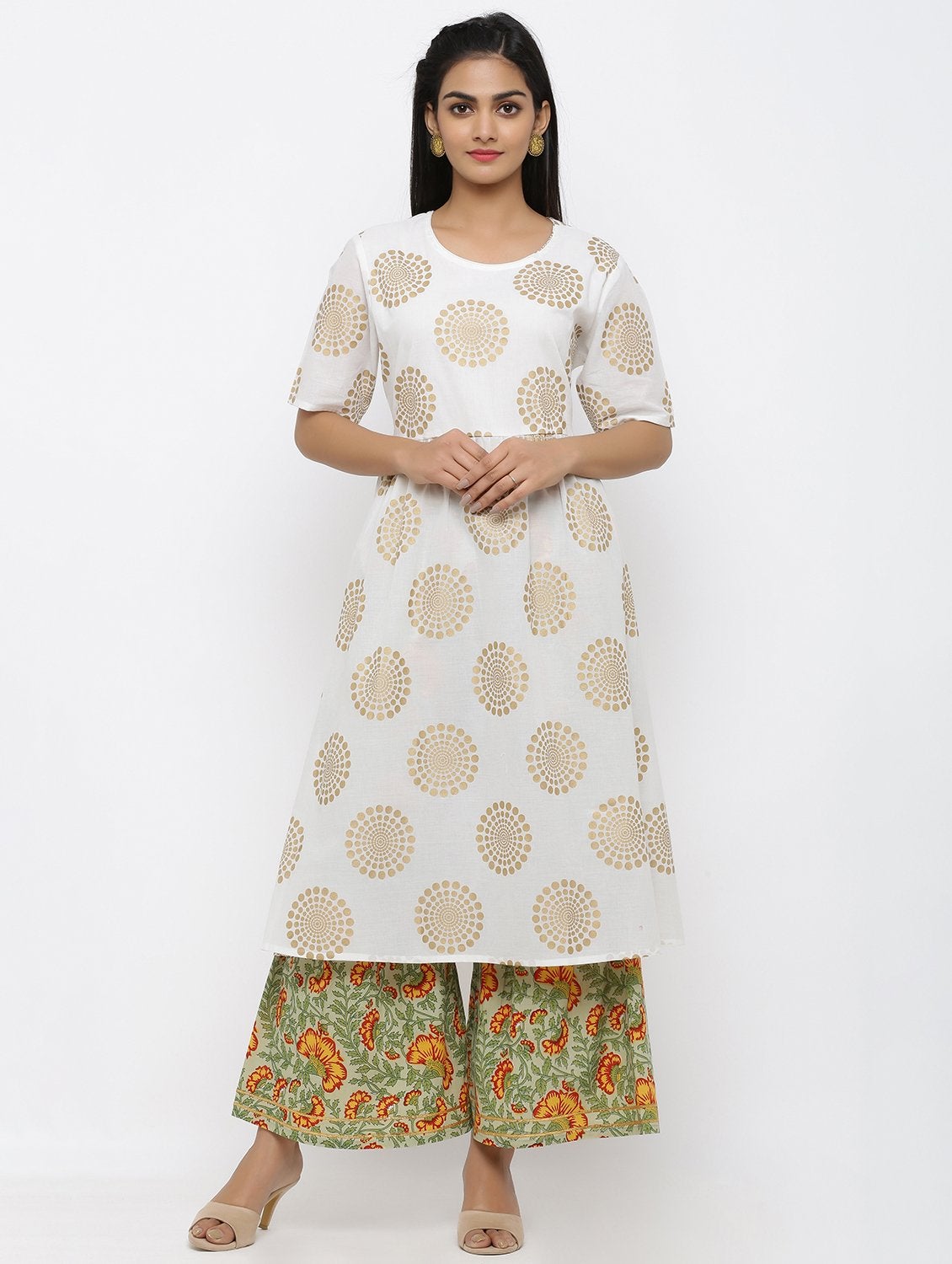 Women's Cotton Printed Anarkali Kurta Palazzo & Dupatta Set