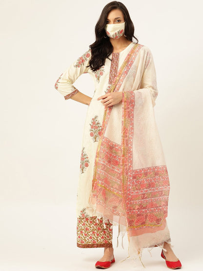 Women's Off White Printed Kurta With Dupatta & Trouser