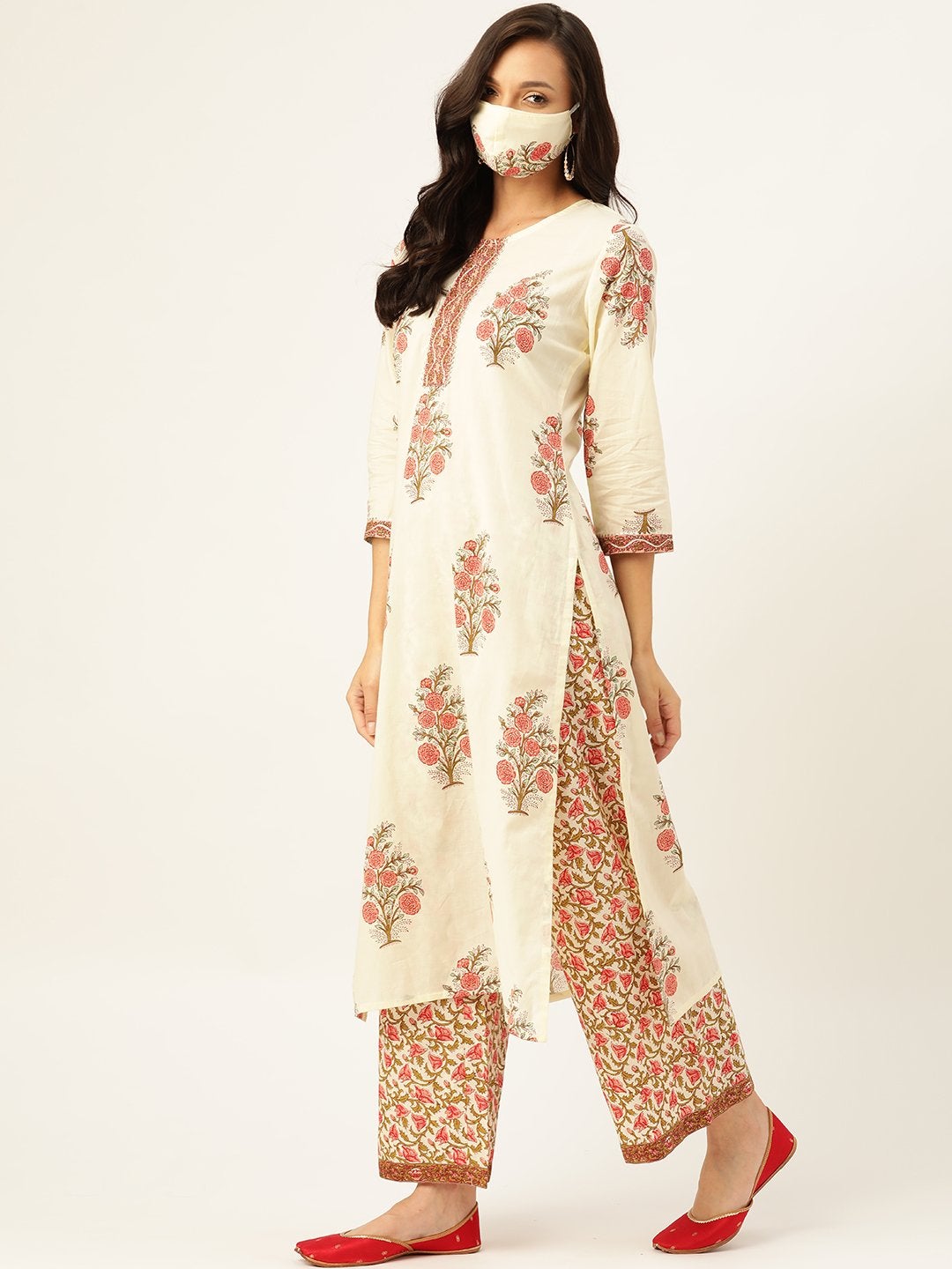Women's Off White Printed Kurta With Dupatta & Trouser