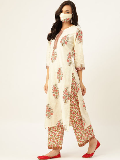 Women's Off White Printed Kurta With Dupatta & Trouser