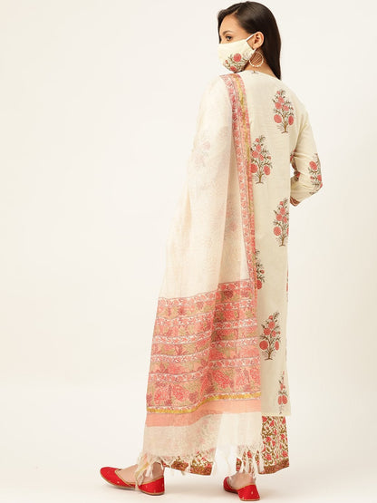 Women's Off White Printed Kurta With Dupatta & Trouser