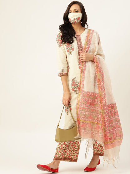Women's Off White Printed Kurta With Dupatta & Trouser