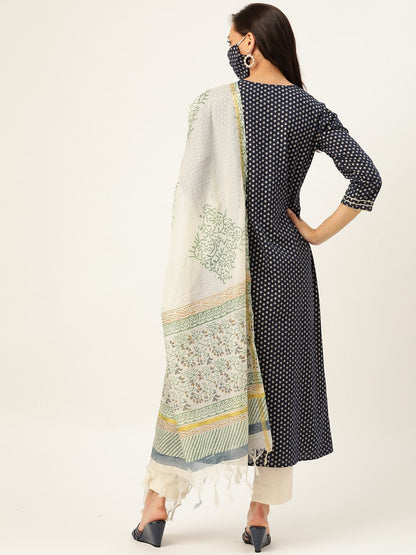 Women's Blue Printed Kurta With Dupatta & Trouser