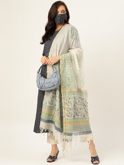 Women's Blue Printed Kurta With Dupatta & Trouser
