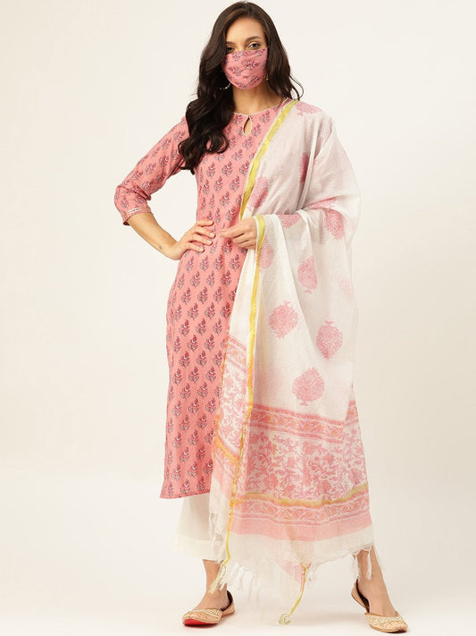 Women's Pink Printed Kurta With Dupatta & Trouser