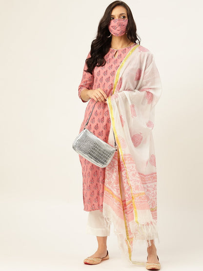 Women's Pink Printed Kurta With Dupatta & Trouser