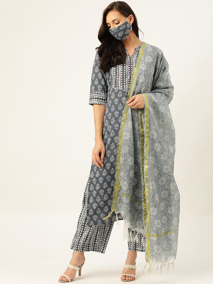 Women's Grey Printed Kurta With Dupatta & Trouser