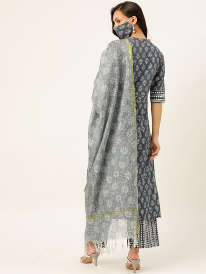 Women's Grey Printed Kurta With Dupatta & Trouser