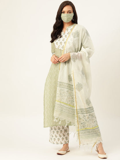 Women's Green Printed Kurta With Dupatta & Trouser
