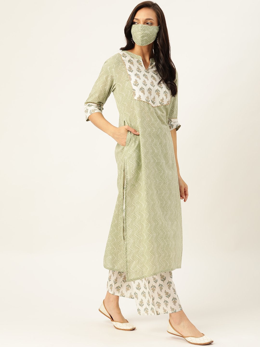 Women's Green Printed Kurta With Dupatta & Trouser