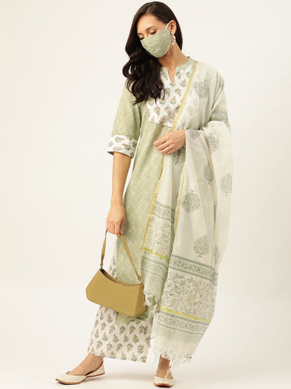 Women's Green Printed Kurta With Dupatta & Trouser