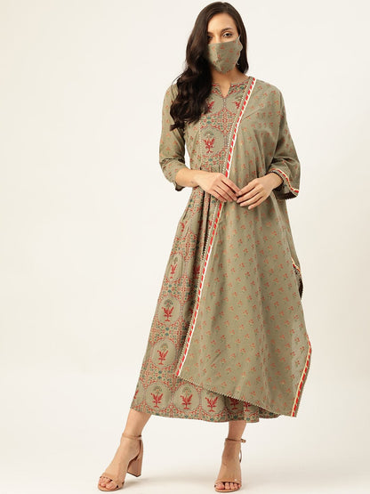 Women's Olive Green Gold Printed Anarkali With Dupatta