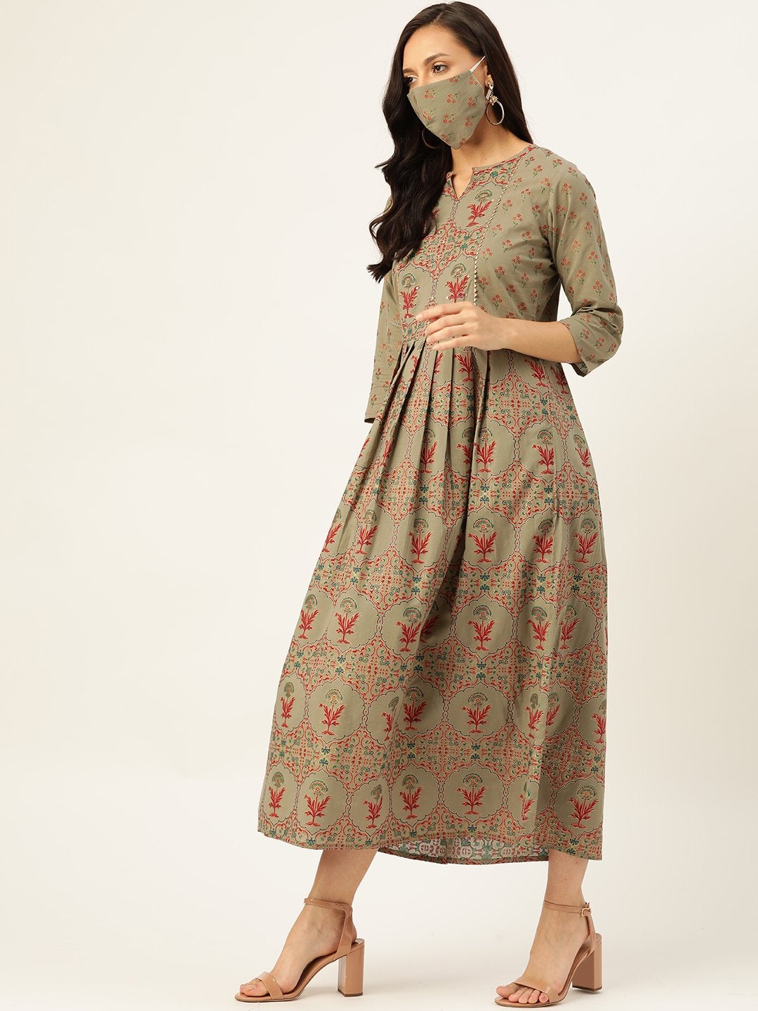 Women's Olive Green Gold Printed Anarkali With Dupatta