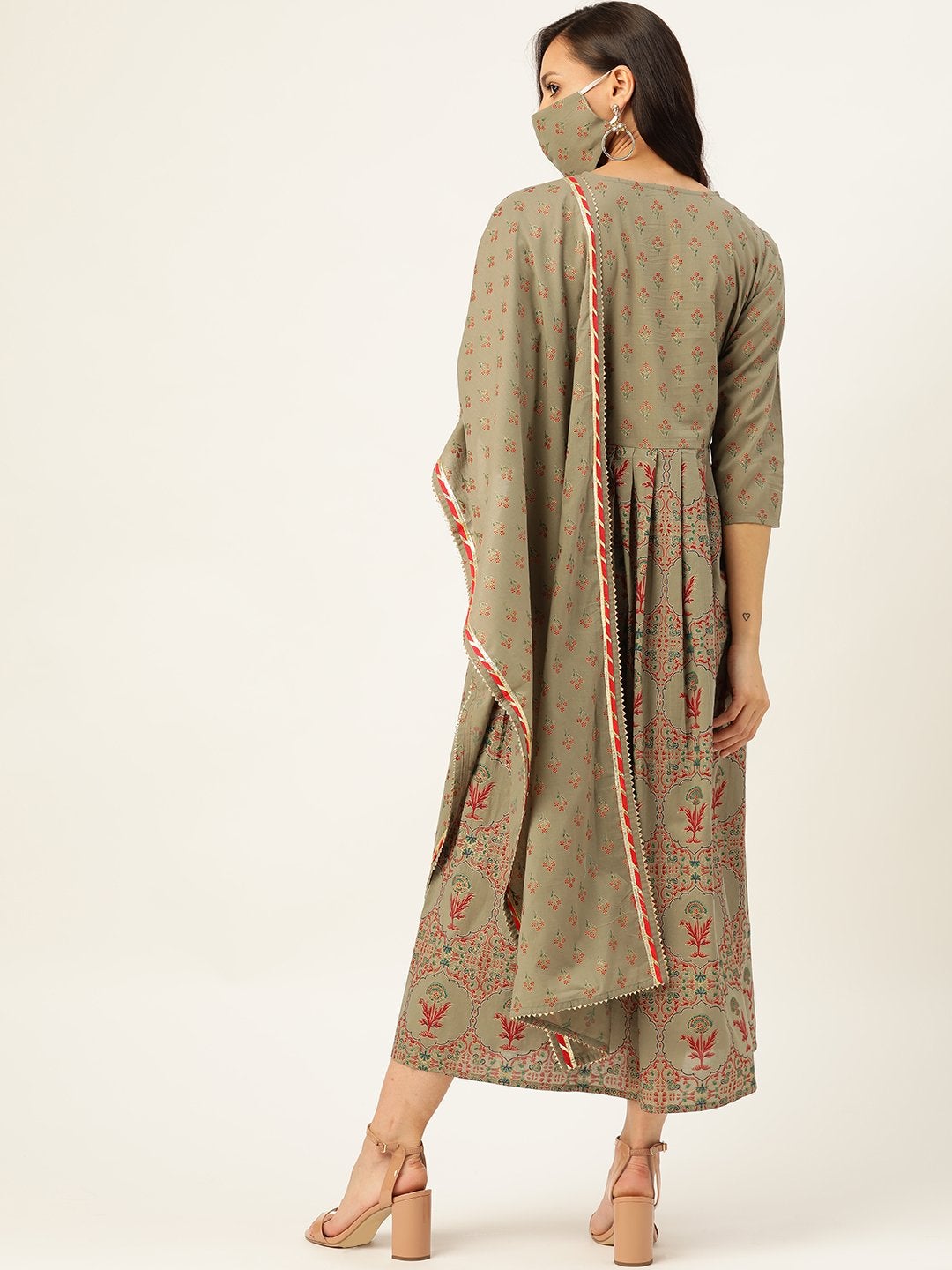 Women's Olive Green Gold Printed Anarkali With Dupatta