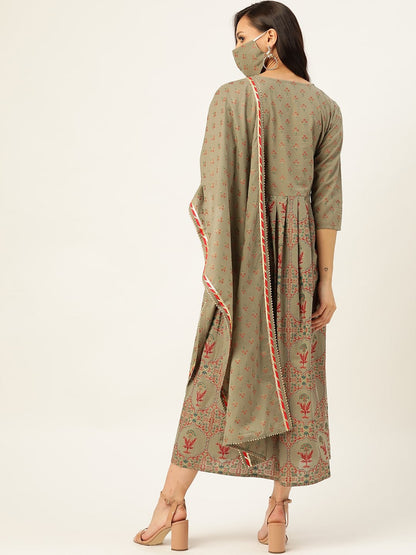 Women's Olive Green Gold Printed Anarkali With Dupatta