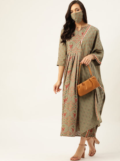 Women's Olive Green Gold Printed Anarkali With Dupatta