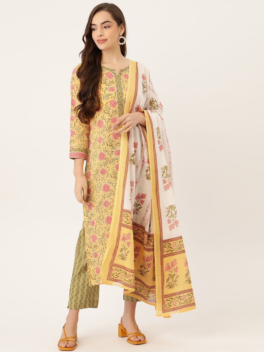 Women's Yellow Printed Kurta With Dupatta & Trouser
