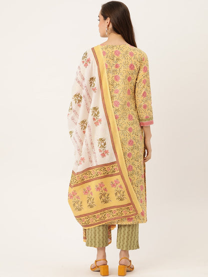 Women's Yellow Printed Kurta With Dupatta & Trouser