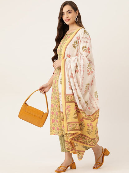 Women's Yellow Printed Kurta With Dupatta & Trouser