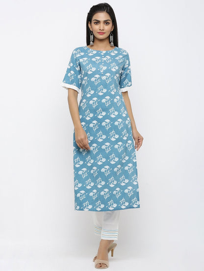Women's Cotton Floral Printed Straight Kurta Pant Set
