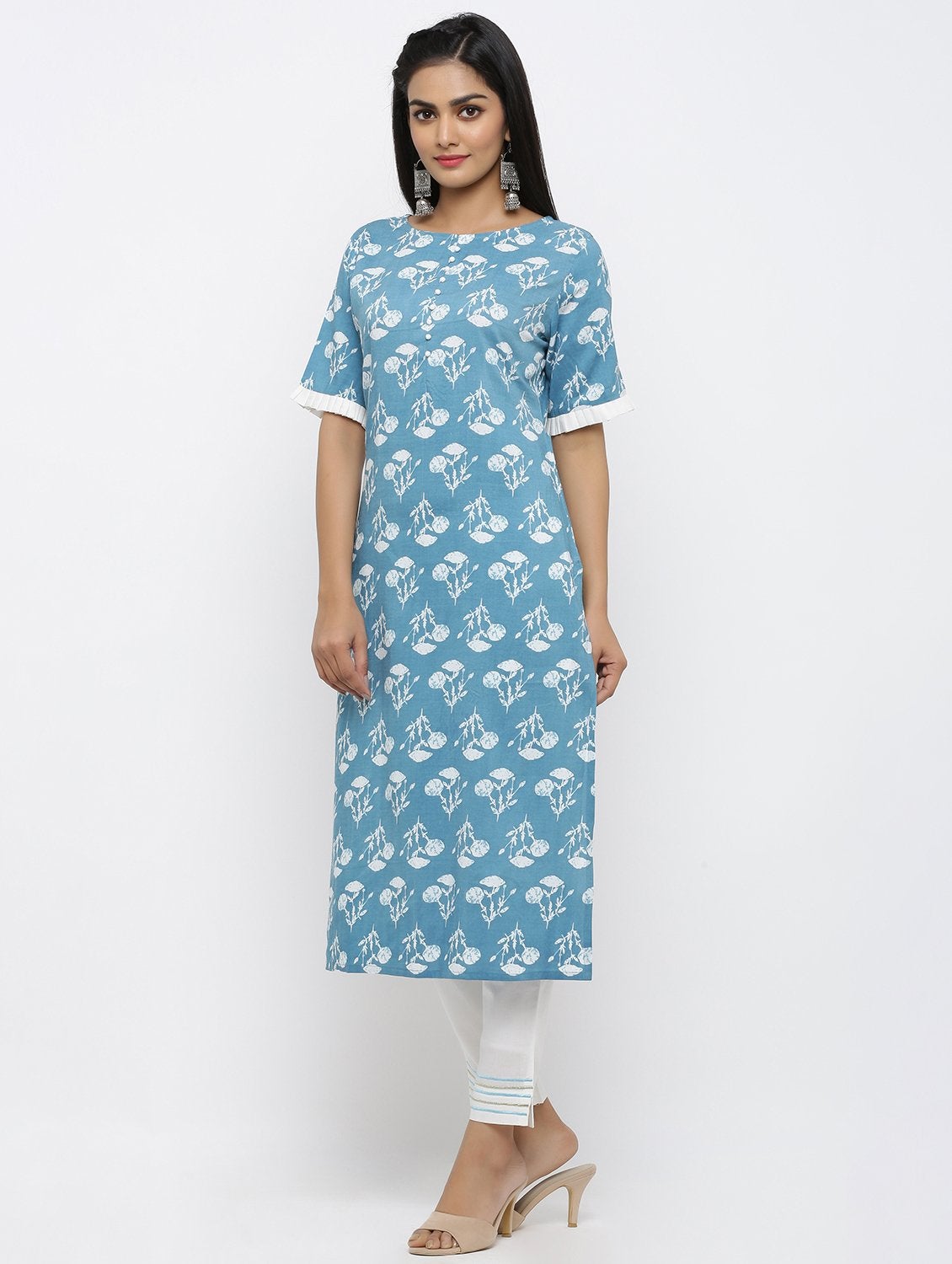 Women's Cotton Floral Printed Straight Kurta Pant Set