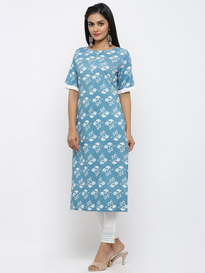Women's Cotton Floral Printed Straight Kurta Pant Set