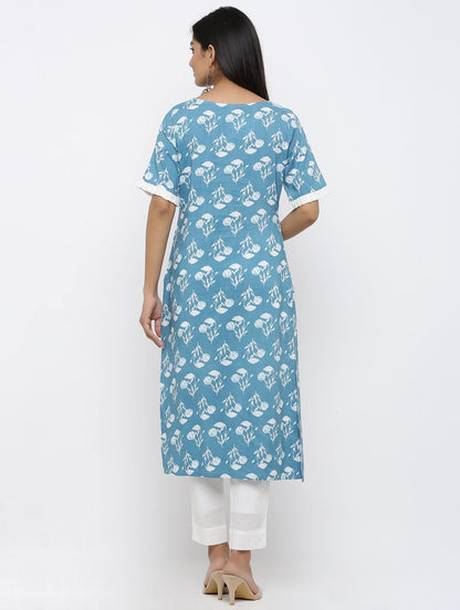 Women's Cotton Floral Printed Straight Kurta Pant Set