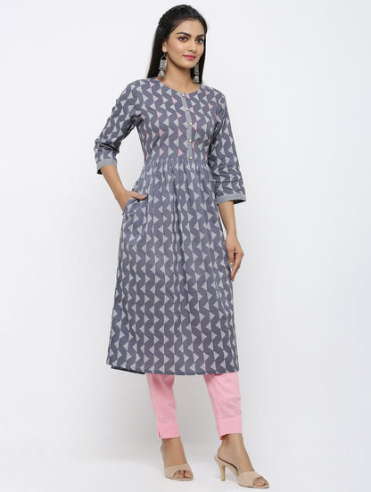Women's Cotton Printed & Embroidered A-line Kurta Pant Set