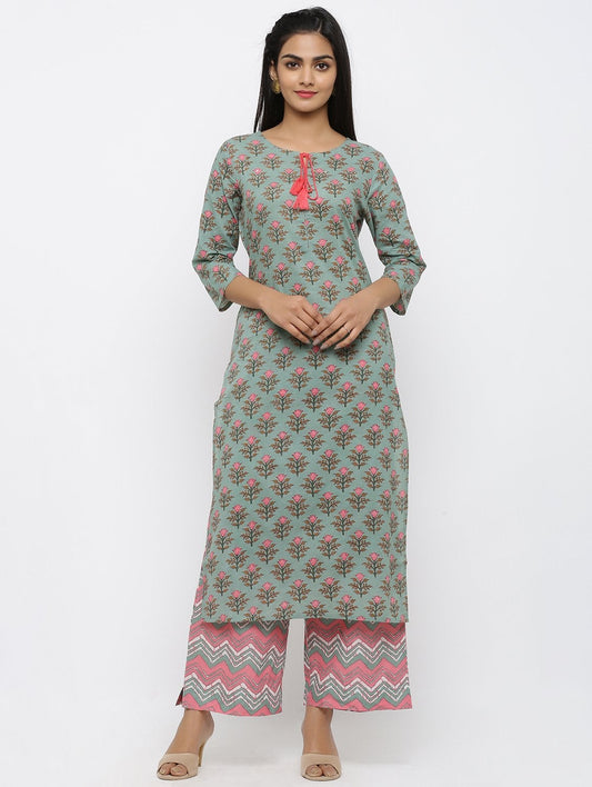 Women's Cotton Printed Straight Kurta Palazzo Set