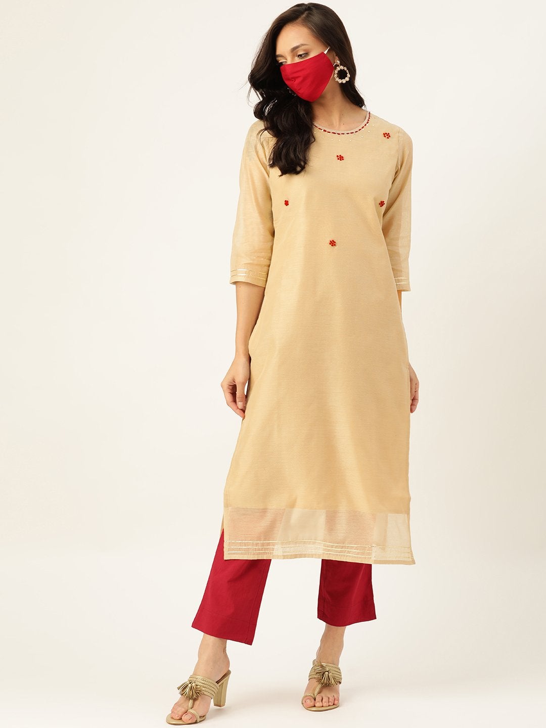 Women's Beige Chanderi Kurta With Trouser